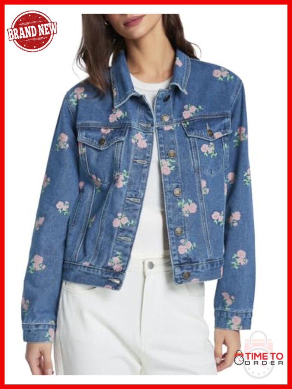 Women's Crop Floral Print Denim Jacket Long Sleeve Button Down - Picture 3 of 5